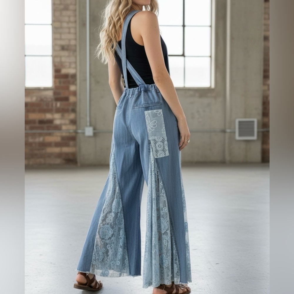 NWT Ultra Wide Leg Flare Lace Panel Patchwork Denim Jean Overalls Jumpsuit - Picture 14 of 14